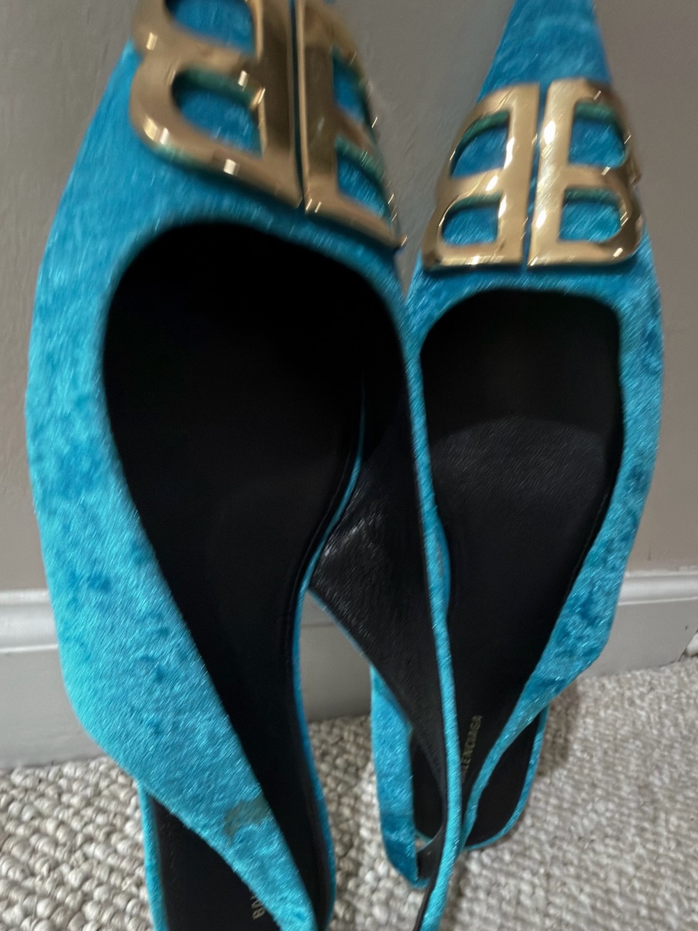 Balenciaga Teal Velvet Slingback Flats with Gold BB Logo - Picture 12 of 17
